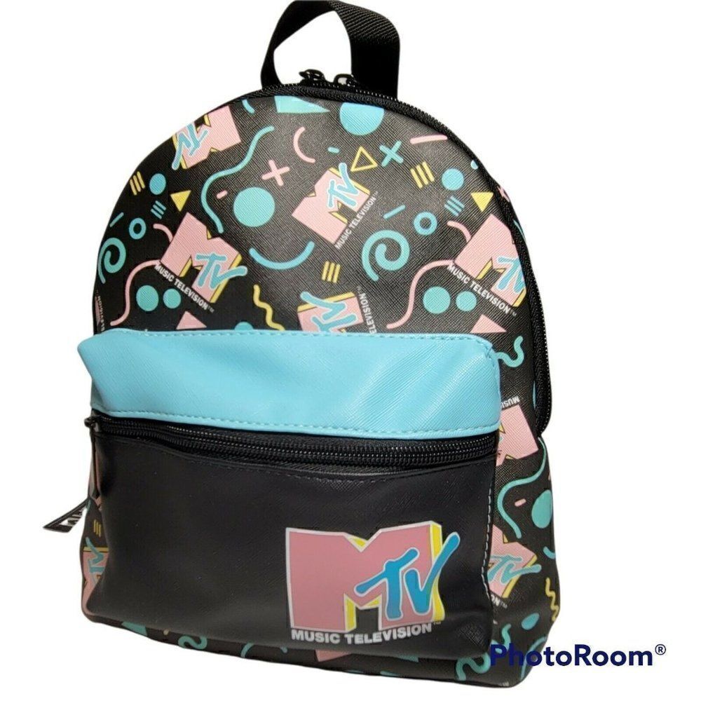 MTV Music Television Mini Backpack w/Zip Pocket Black Multi 10.5" Faux Leather‎